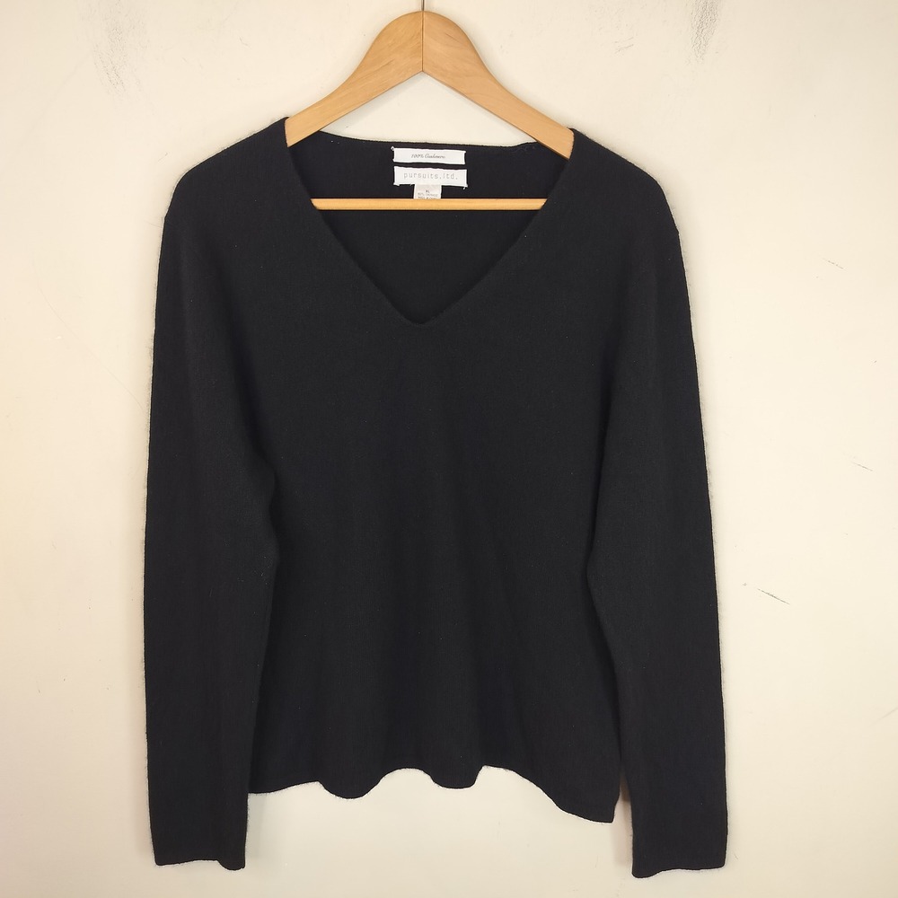 Pursuits Ltd Cashmere Sweater Womens XL V-Neck Classic Minimalist Black Soft